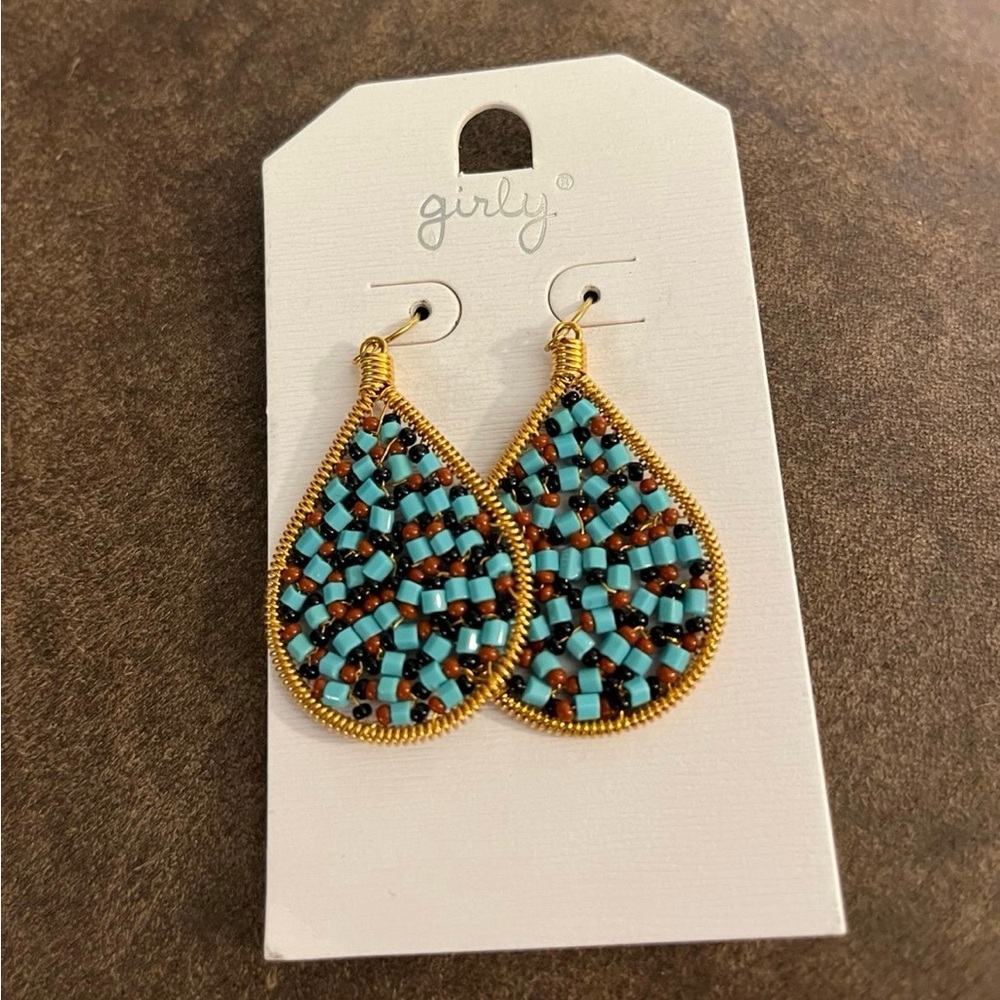 Teardrop Beaded Earrings - Turquoise and Gold